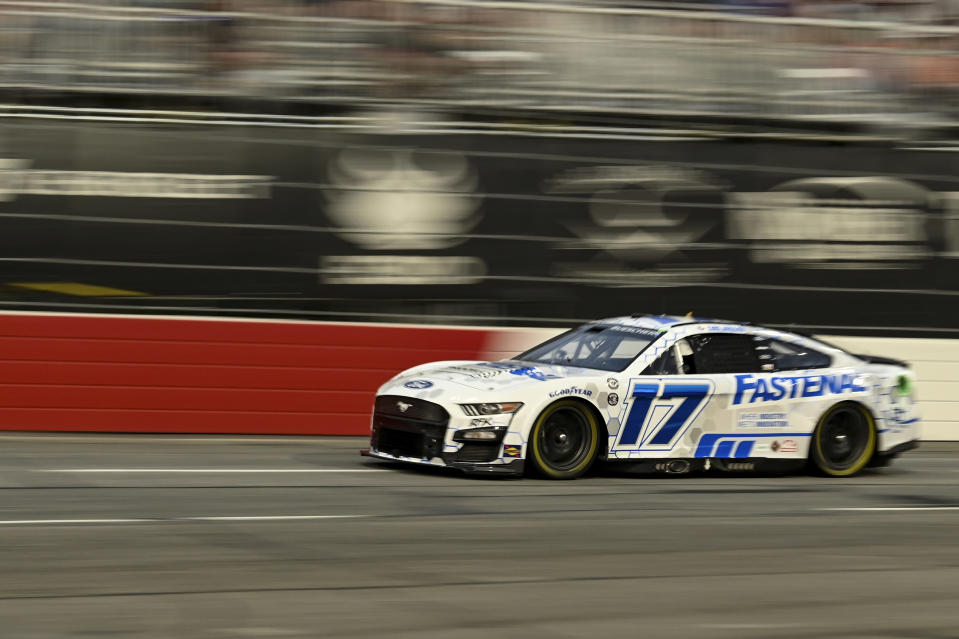 Chris Buescher (17) competes during the NASCAR All-Star Cup Series auto race at North Wilkesboro Speedway, Sunday, May 21, 2023, in North Wilkesboro, N.C. (AP Photo/Matt Kelley)