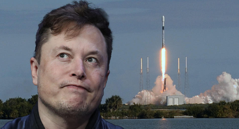 Elon Musk looking concerned and a SpaceX launch.