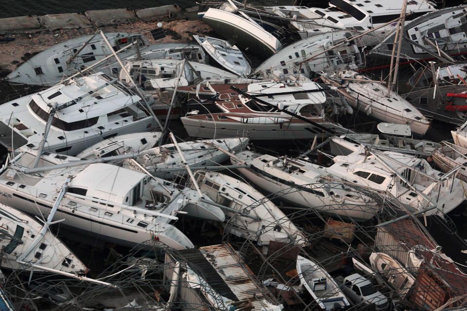 <p>Boats wrecked by Hurricane Irma are seen from a plane in Sint Maarten, Netherlands September 11, 2017. (Photo: Alvin Baez/Reuters) </p>