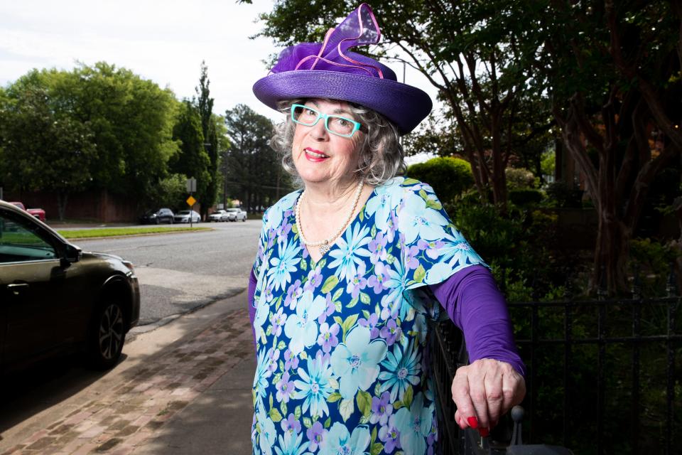 Sybil Presley, known as “The Pothole Lady,” poses for a portrait in Memphis, Tenn., on Friday, April 26, 2024. Presley appeared as this character at a recent Memphis City Council meeting and sang an original song, “The Pothole Blues.”