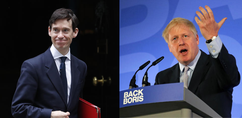 This combination photo shows Britain's Secretary of State for International Development, Rory Stewart, leaving 10 Downing Street in London, Tuesday, June 11, 2019, left, and Conservative Party lawmaker Boris Johnson speaking during the official launch of his leadership campaign, in London, Wednesday June 12, 2019. The populist and the pragmatist: of the ten candidates running to become Britain's next prime minister, they're the ones generating most of the buzz. The former is Boris Johnson, who ran London as mayor for eight years until 2016 and then became foreign secretary until his resignation last summer. The pragmatist is International Development Secretary Rory Stewart, the self-styled "anti-Boris," who accuses Johnson of selling the public "fairy tales" about a clean and simple exit from the EU. (AP Photo)