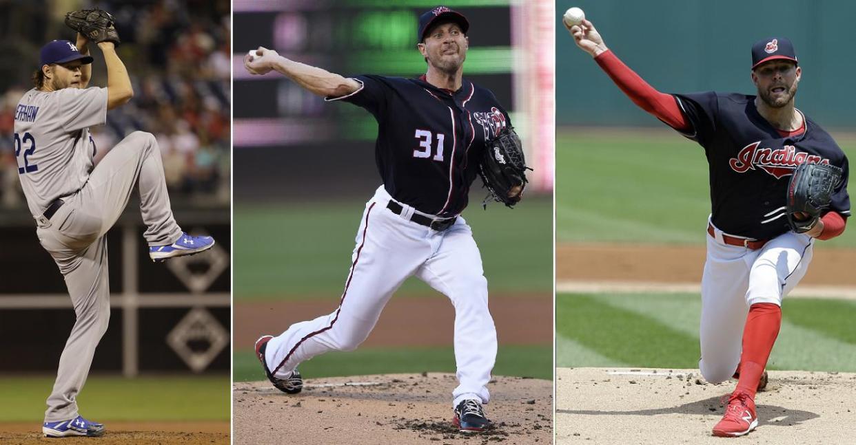 Clayton Kershaw, Max Scherzer and Corey Kluber (left-to-right) head up an impressive list of opening day starters. (AP Photos)