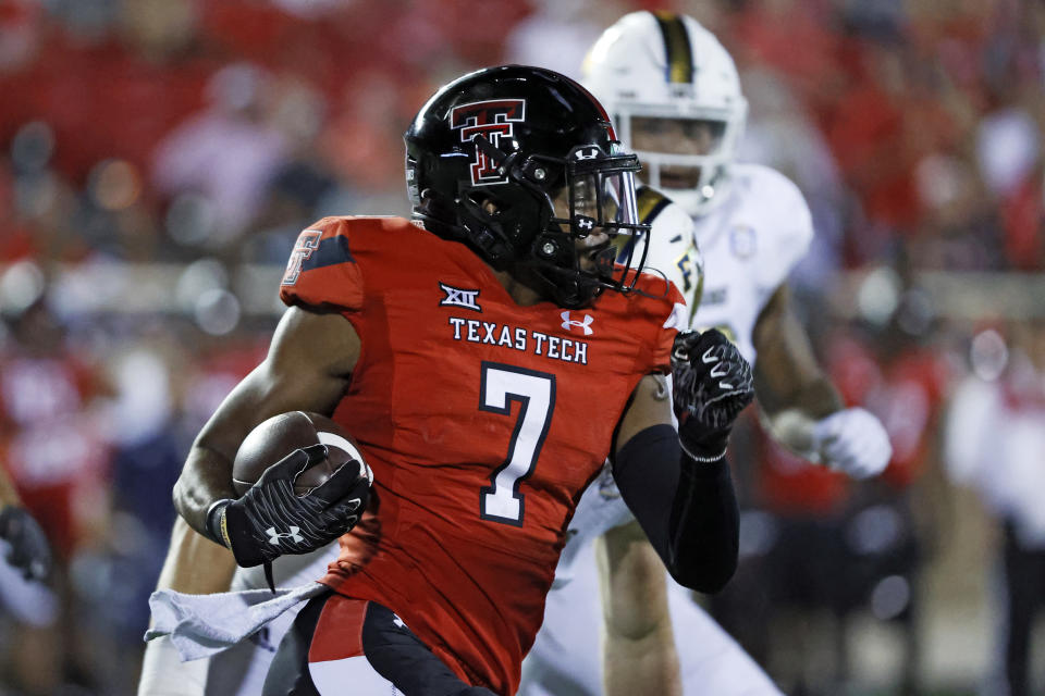 Texas Tech's Donovan Smith (7) runs with the ball during the second half of an NCAA college football game against Florida International, Saturday, Sept. 18, 2021, in Lubbock, Texas. (AP Photo/Brad Tollefson)