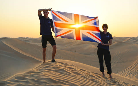 Plumber Dan Martins visual merchandiser Catherine Abbot fly the flag for Britain before competing at WorldSkills in Abu Dhabi