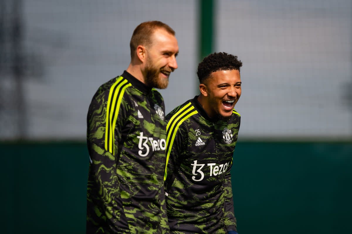 Christian Eriksen and Jadon Sancho in training ahead of the second leg (Getty Images)