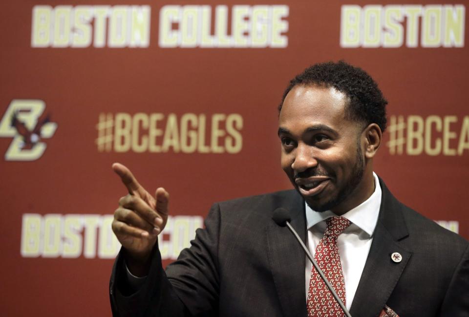 Martin Jarmond takes questions from members of the media during a news conference at Boston College in 2017.