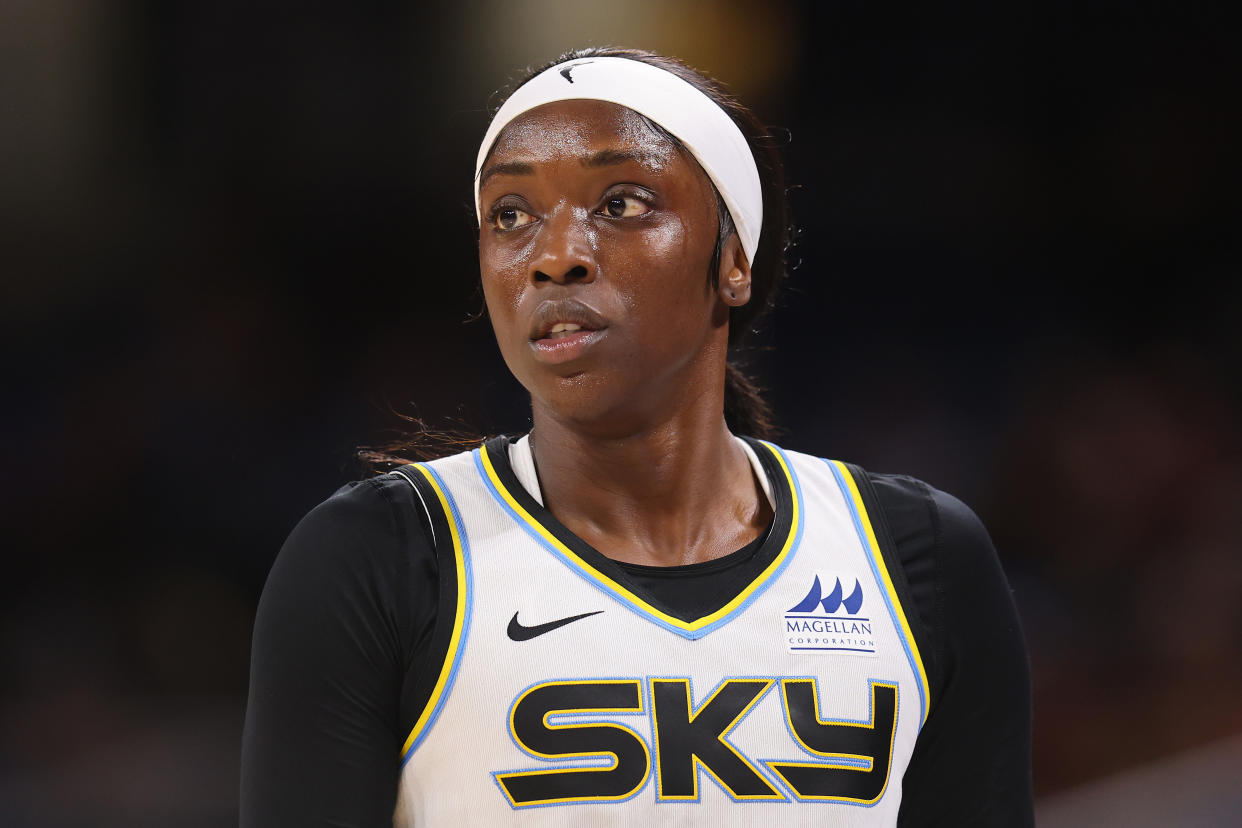 Kahleah Copper of the Chicago Sky looks on against the Dallas Wings during the second half at Wintrust Arena on August 02, 2022 in Chicago, Illinois. (Photo by Michael Reaves/Getty Images)