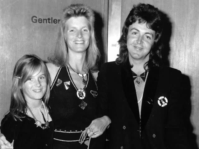 <p>Express/Getty</p> Heather, Linda and Paul McCartney circa 1973