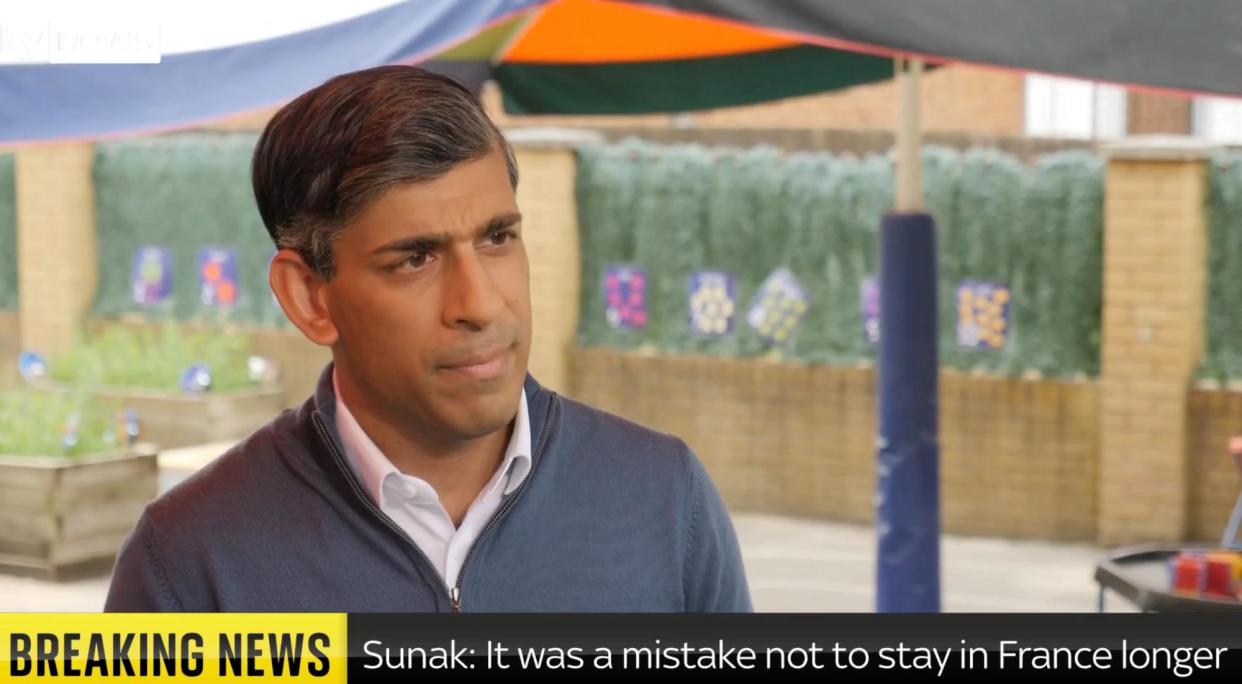 <span>The prime minister, Rishi Sunak, being interviewed by Sky News about leaving the D-day commemoration event early.</span><span>Photograph: Sky News</span>