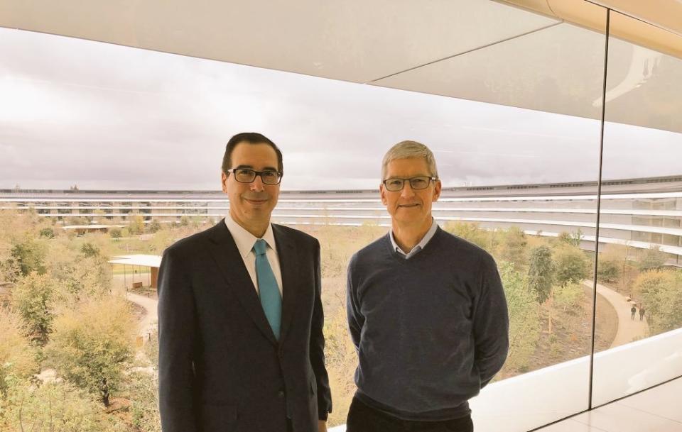 Treasury Secretary Steven Mnuchin, left, with Apple CEO Tim Cook