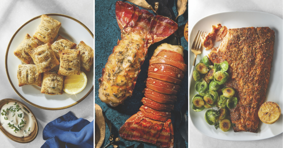 Lobster puff pastry canapes, lobster tails with garlic butter glaze and a side of salmon with Toscana herb crust