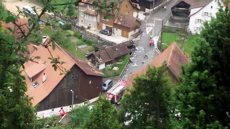 Parts of one of two planes which crashed during an air show are seen in the village of Dittingen, Switzerland in this handout photo provided by Kantonspolizei Basel Landschaft on August 23, 2015. REUTERS/Kantonspolizei Basel Landschaft/Handout via Reuters