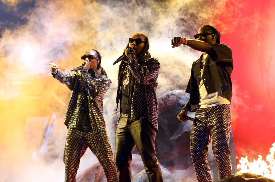 From left to right, Quavo, Takeoff and Offset of Migos perform onstage at the BET Awards 2021 at Microsoft Theater on June 27, 2021 in Los Angeles.