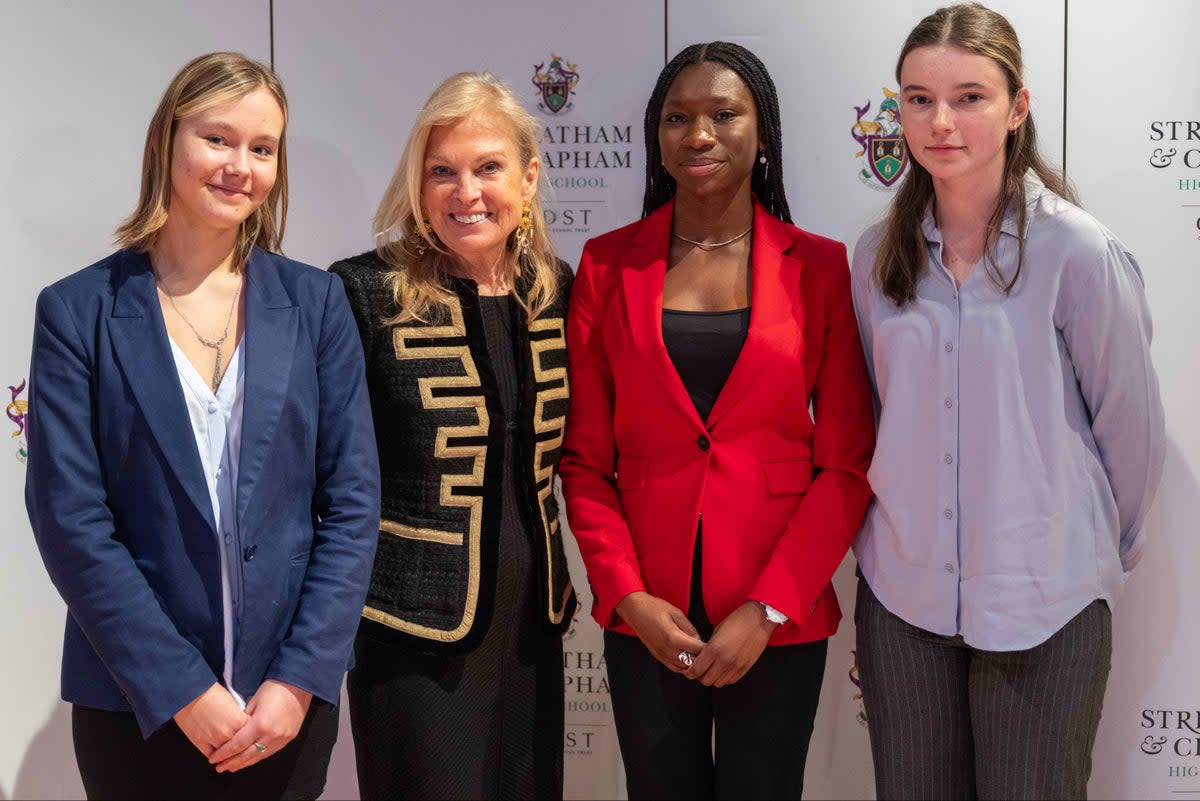 Ambassador Hartley with pupils Charlotte, Nia and Emily after speaking to pupils  (Paul Grover)