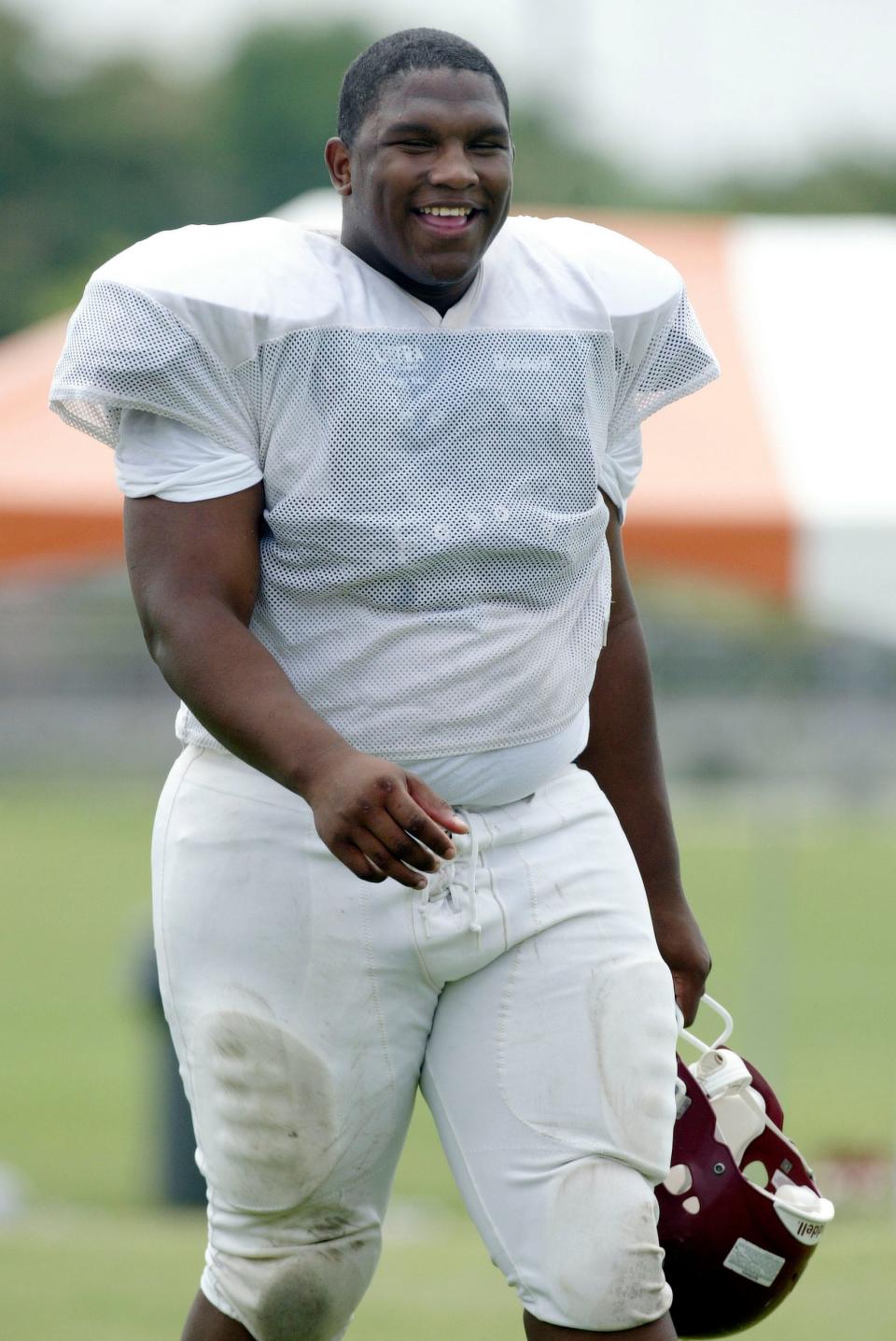 Dan Williams, an offensive guard from Memphis East High School, finds a light moment during 2005 practice for the Tennessee-Kentucky All-Star Game.