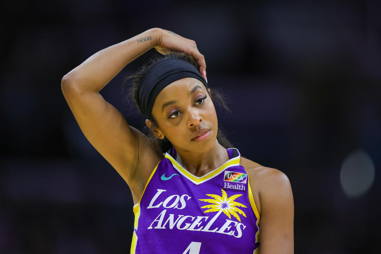LOS ANGELES, CA - JUNE 09: Los Angeles Sparks guard Lexie Brown (4) look on during the WNBA basketball game between the Las Vegas Aces and the Los Angeles Sparks on June 09, 2024, at Crypto.com Arena in Los Angeles, CA.(Photo by Jordon Kelly/Icon Sportswire via Getty Images)