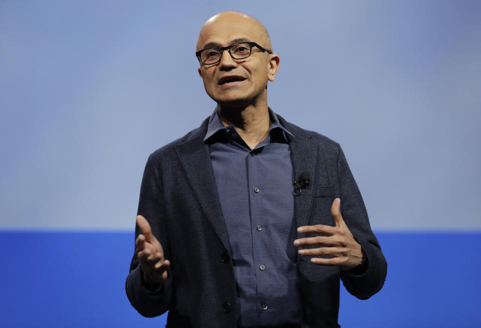 FILE - In this Nov. 28, 2018, file photo, Microsoft CEO Satya Nadella speaks during the annual Microsoft Corp. shareholders meeting in Bellevue, Wash. Top executives from Google, Microsoft, IBM, Oracle and Qualcomm are planning to meet at the White House amid strained ties between President Donald Trump's administration and the tech industry. (AP Photo/Ted S. Warren, File)