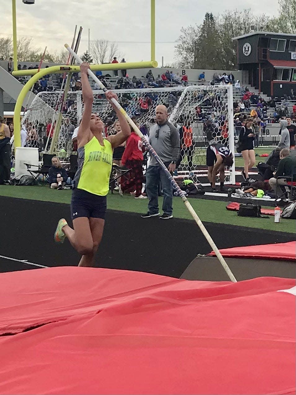 River Valley's Eva Moran attempts the girls pole vault during Friday's Marion Night Invitational.