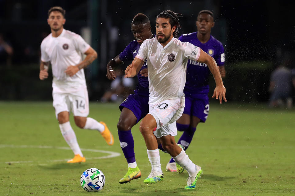 Inter Miami's Rodolfo Pizarro drives the ball against Orlando City to kick off the MLS is back Tournament at ESPN Wide World of Sports Complex on Wednesday. (Photo by Mike Ehrmann/Getty Images)