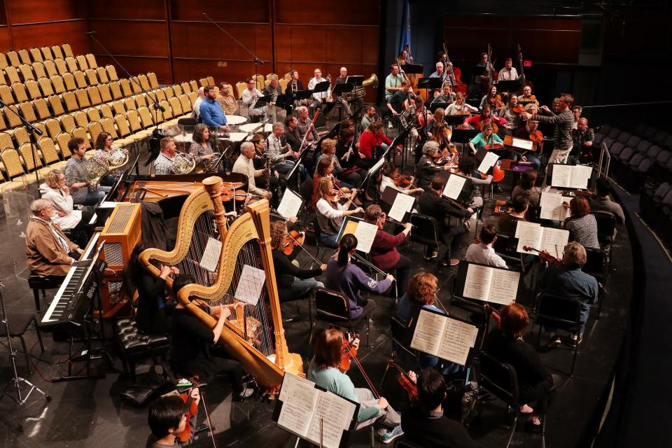 Music Director Alexander Mickelthwate, right, leads the Oklahoma City Philharmonic on Oct. 29, 2019, during rehearsals/