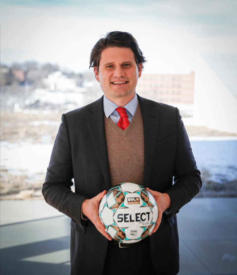 United Soccer League Chief Operating Officer Justin Papadakis at the Krause Gateway Center in Des Moines, preparing to announce the awarding of a USL Championship soccer franchise.