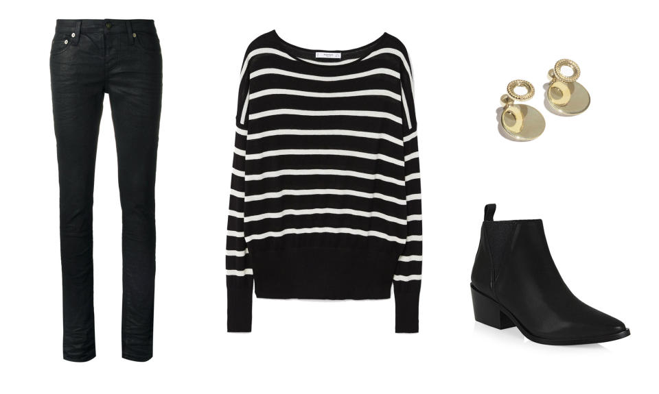 <p>Take a page out of Claire Danes’s style book and go for a punk-rock inspired style with a pair of skinny jeans, a striped jumper, black booties, and gold accessories. </p>