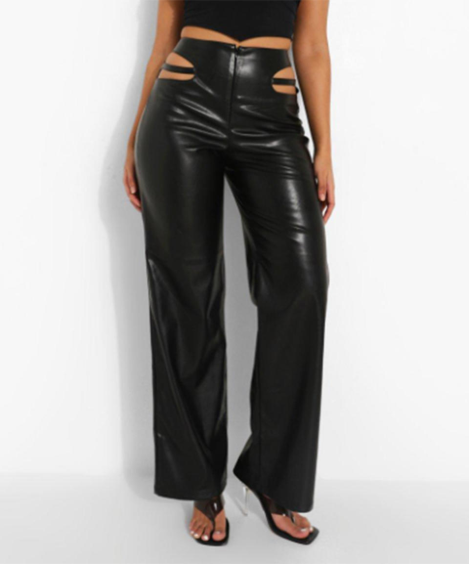 Boohoo Cut Out Detail Wide Leg Leather Look Trouser, on sale for $42.50. Photo: Boohoo.