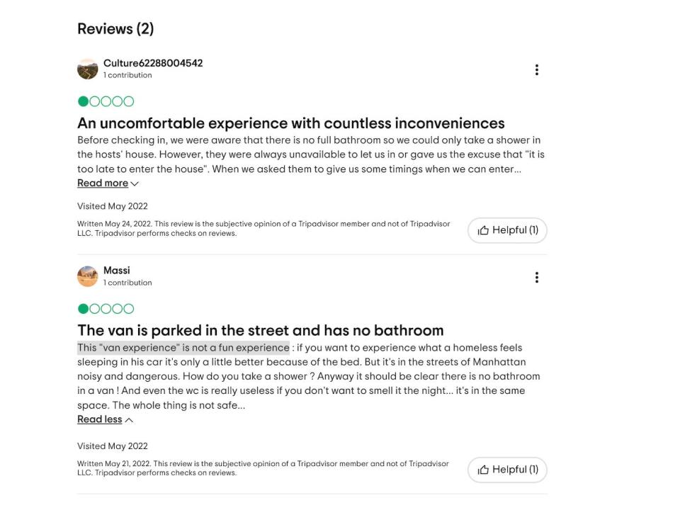 Two negative reviews of the van posted on Tripadvisor.