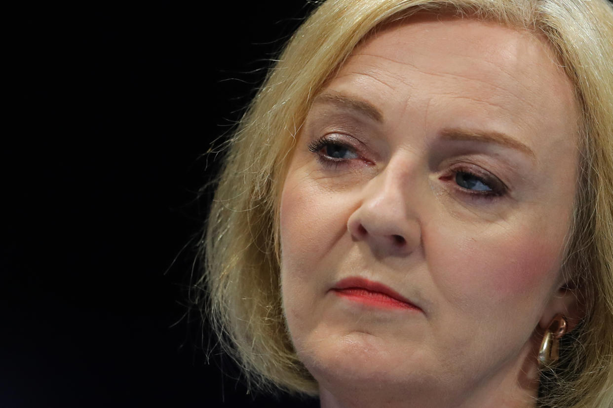 Contender to become the country's next Prime minister and leader of the Conservative party British Foreign Secretary Liz Truss reacts as she answers questions while taking part in a Conservative Party Hustings event in Birmingham, on August 23, 2022. -  (Photo by Geoff Caddick / AFP) (Photo by GEOFF CADDICK/AFP via Getty Images)