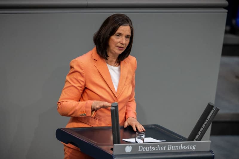 Katrin Goering-Eckardt, Vice-President of the German Bundestag, speaks in the Bundestag. German lawmaker Katrin Göring-Eckardt has sparked controversy with a now-deleted post on social media platform X following Germany's Euros win over Hungary, in which she referred to the players' skin colour. Michael Kappeler/dpa