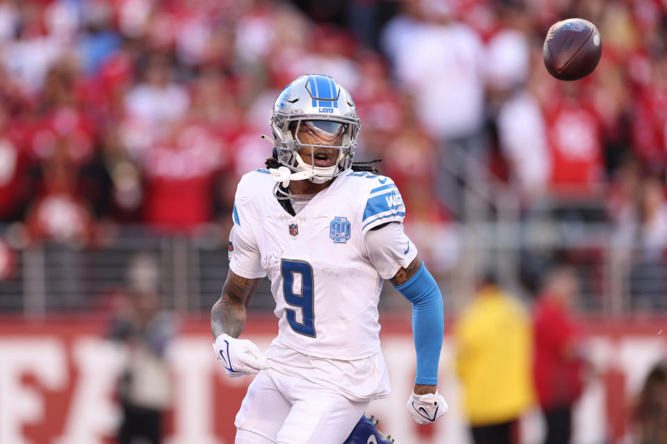 Jameson Williams dari Detroit Lions mengakhiri musim NFL keduanya dengan baik. (Foto oleh Ezra Shaw/Getty Images)