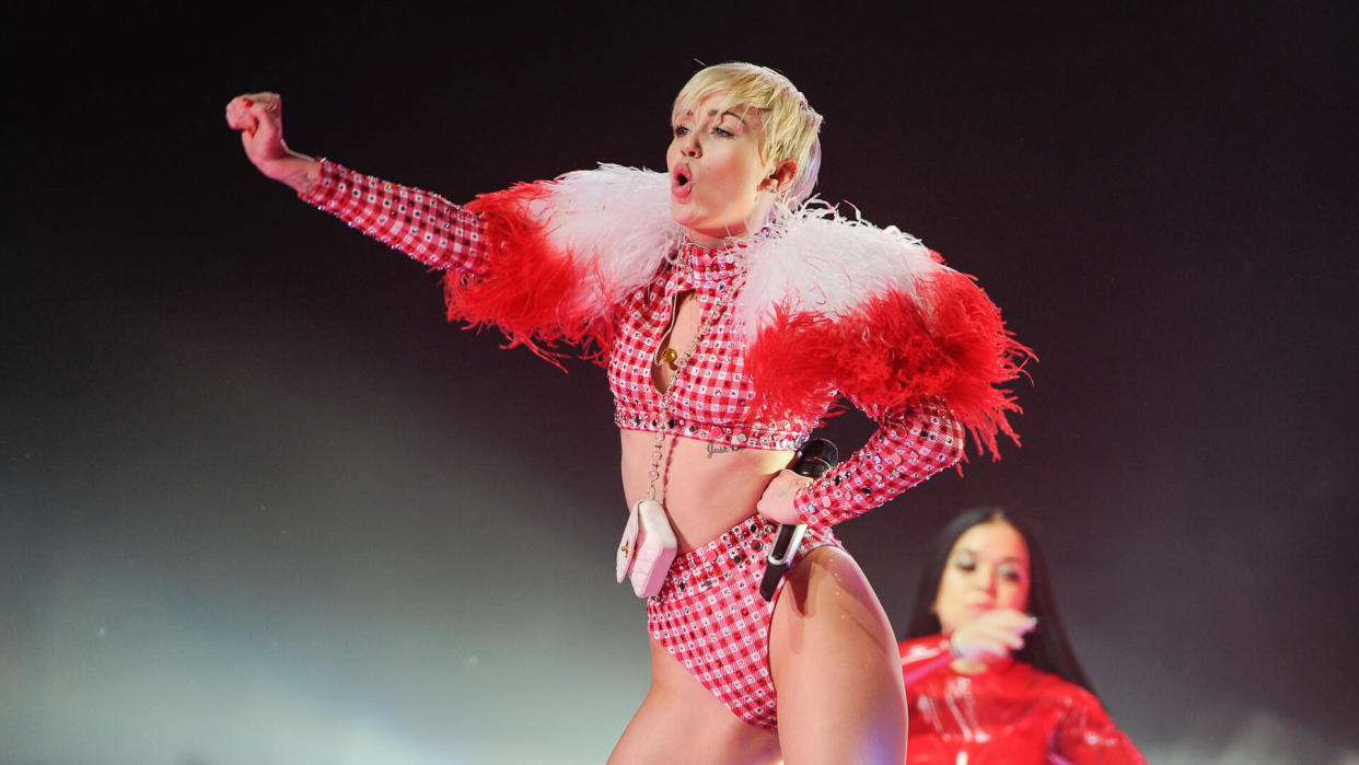 Photo by Evan Agostini/Invision/AP/REX/ShutterstockShows singer Miley Cyrus performing at the Barclays Center in New York.