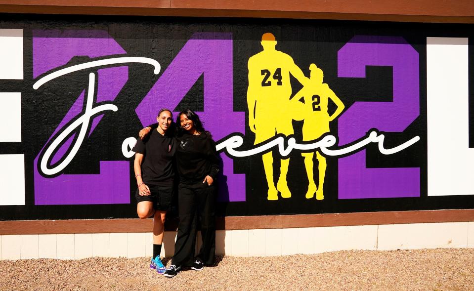 Nov 5, 2022; Mesa, AZ, USA; Phoenix Mercury star Diana Taurasi and Natalia Bryant (Kobe BryantÕs daughter) open a newly refurbished basketball court at Grant Woods Boys & GIrls Club in Mesa. Mandatory Credit: Rob Schumacher-Arizona Republic