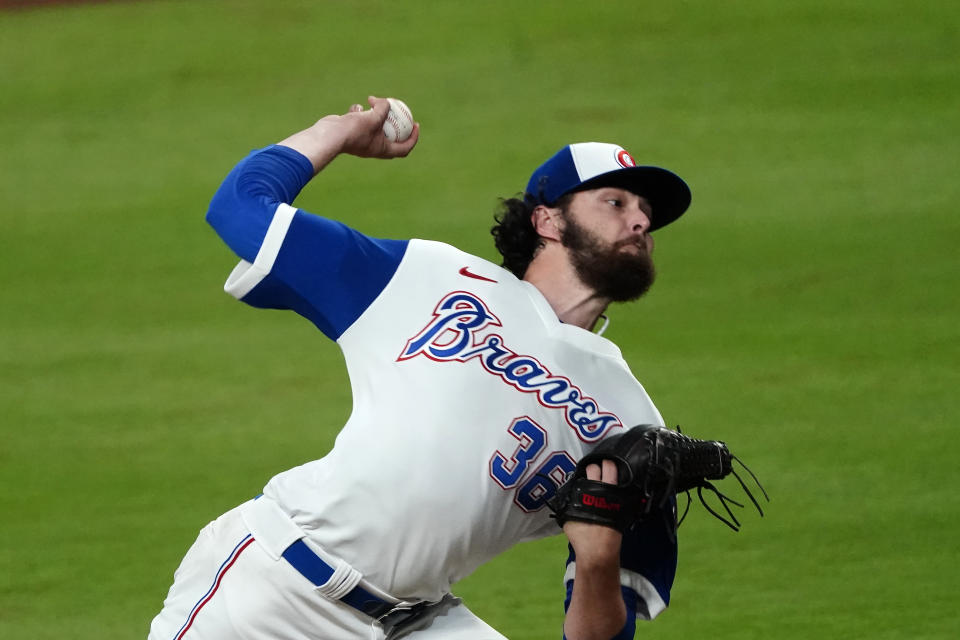Atlanta Braves starting pitcher Ian Anderson (36) works in the fourth inning of a baseball game against the Philadelphia Phillies, Saturday, April 10, 2021, in Atlanta. (AP Photo/John Bazemore)