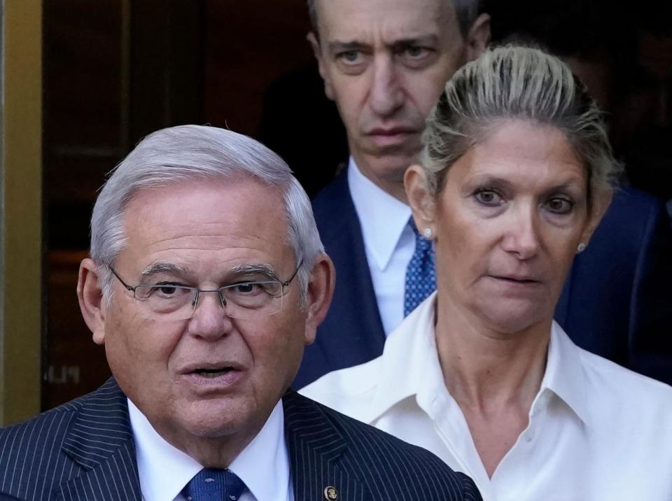 PHOTO: Senator Bob Menendez and his wife Nadine Arslanian leave US District Court, Southern District of New York after their arraignment in New York City, Sept. 27, 2023. (Timothy A. Clary/AFP via Getty Images)