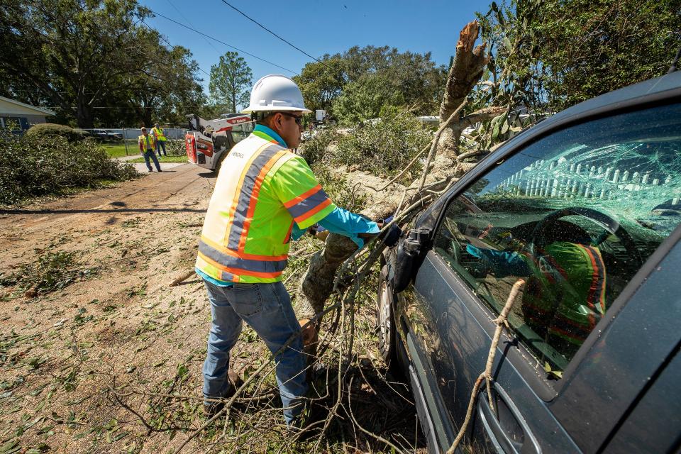 Simon Perez with Kendall tree company removes a branch from an oak tree knocked over by Hurricane Ian crushing a vehicle on Avenue C NE In Winter Haven  Fl. Friday September 30,2022Ernst Peters/.The Ledger