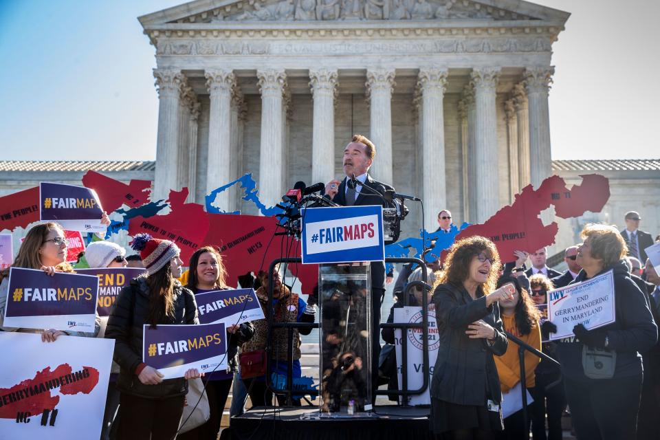 Former California Gov. Arnold Schwarzenegger speaks in March outside the Supreme Court, where the  justices heard oral arguments in challenges to the way North Carolina and Maryland lawmakers drew congressional districts for partisan gain. Redistricting could be affected in 2022 if the justices allow a citizenship question to be included in the 2020 census.