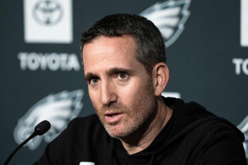 Philadelphia Eagles general manager Howie Roseman speaks with members of the media during a news conference at the NFL football team's training facility in Philadelphia, Thursday, Feb. 16, 2023.