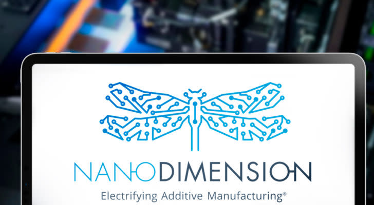 Nano Dimension logo in an iPad, on the background their proprietary 3D printer