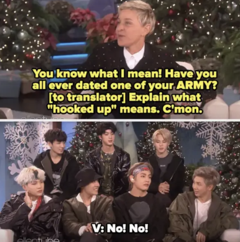 ellen asks the question to the group who sit across from her