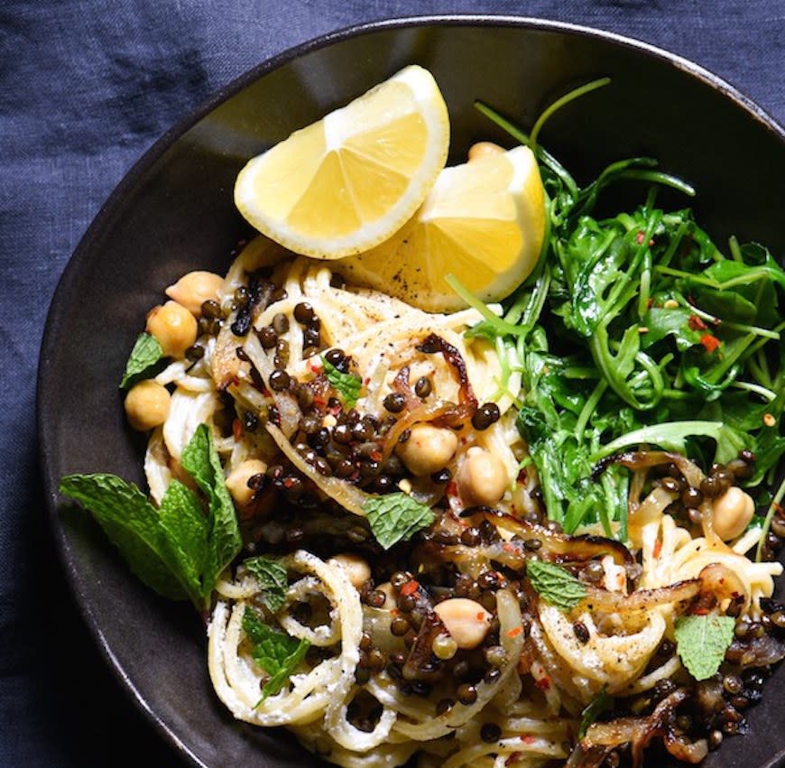 Garlicky Yogurt Pasta With Sautéed Lentils and Chickpeas from Foxes Love Lemons