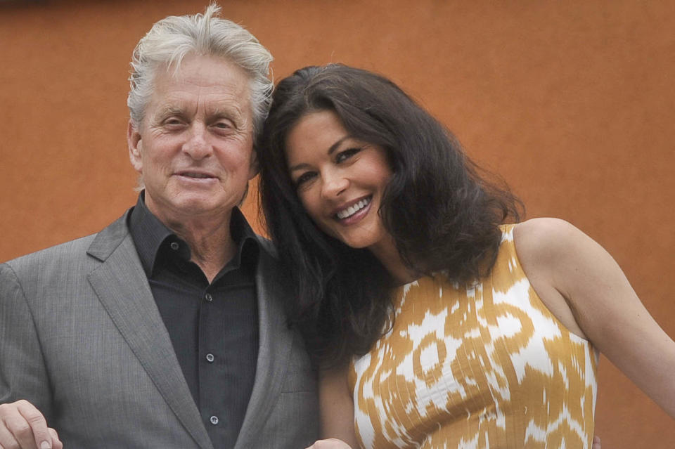 Catherine Zeta Jones and Michael Douglas during a visit to the Children's Hospital for Wales in Cardiff, where they met staff and children.