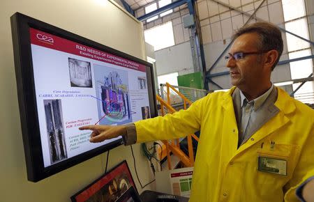 A technician explains the operation of a core catcher during a visit at the Cadarache CEA (Atomic Energy Authority) site near Saint-Paul-les-Durance, south eastern France, September 26, 2014. Picture taken September 26, 2014. REUTERS/Jean-Paul Pelissier