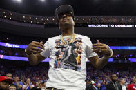 Former 76ers' Allen Iverson reacts to the crowd during the first half of Game 3 of a second-round NBA basketball playoff series against the Toronto Raptors, Thursday, May 2, 2019, in Philadelphia. 76ers won 116-95. (AP Photo/Chris Szagola)