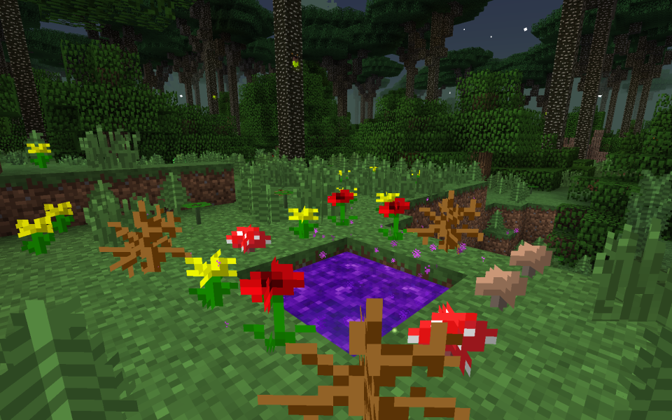 Minecraft mods - twilight forest - a small purple pond in a dark forest