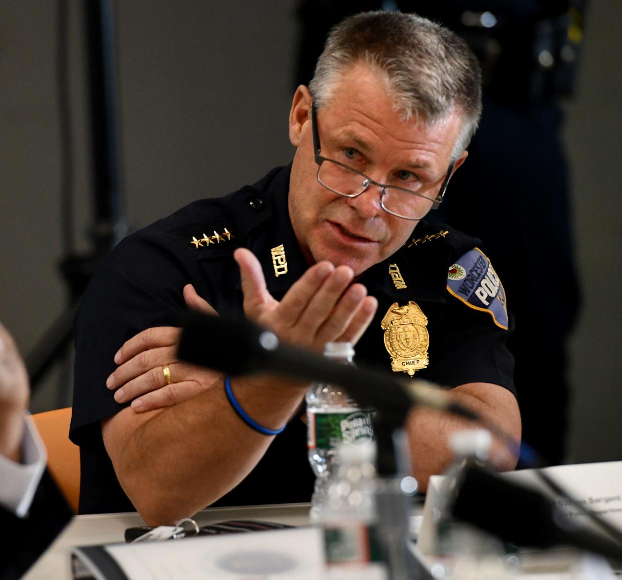 Worcester Police Chief Steven Sargent addresses a gathering at the Boys and Girls Club of Worcester in July.