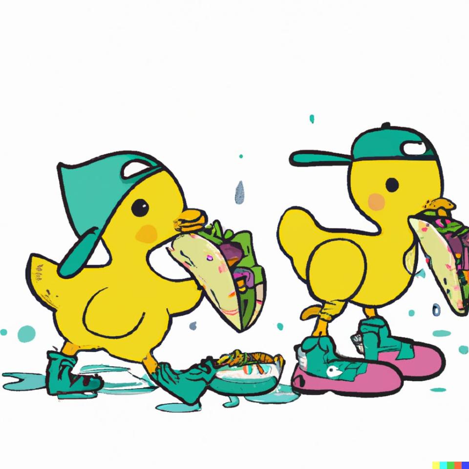 DALL·E AI-generated image of an illustration of baby ducks wearing rainboots eating tacos