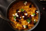 <p>Baked, not stirred, this recipe for pumpkin risotto takes some of the work off the chef without sacrificing that classic <a href="https://www.delish.com/cooking/recipe-ideas/a29786303/risotto-rice-recipe/" rel="nofollow noopener" target="_blank" data-ylk="slk:risotto;elm:context_link;itc:0;sec:content-canvas" class="link ">risotto</a> flavor and texture. And it's not just <a href="https://www.delish.com/cooking/g1770/best-pumpkin-recipes/" rel="nofollow noopener" target="_blank" data-ylk="slk:pumpkin;elm:context_link;itc:0;sec:content-canvas" class="link ">pumpkin</a> and <a href="https://www.delish.com/cooking/g3003/butternut-squash/" rel="nofollow noopener" target="_blank" data-ylk="slk:butternut squash;elm:context_link;itc:0;sec:content-canvas" class="link ">butternut squash</a>that bring the fall flavor in this dish—a sprinkle of goat cheese, parsley, and the tart-sweet touch of dried cranberries round out the earthy autumnal vibes.<br><br>Get the <strong><a href="https://www.delish.com/cooking/a41499163/baked-pumpkin-risotto-recipe/" rel="nofollow noopener" target="_blank" data-ylk="slk:Baked Pumpkin Risotto recipe;elm:context_link;itc:0;sec:content-canvas" class="link ">Baked Pumpkin Risotto recipe</a></strong>.</p>