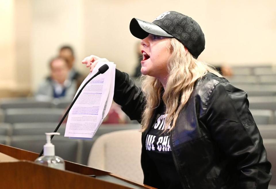 Brittoni Estrella speaks to councilmembers about the decision by the district attorney not to file charges in the police shooting death of Estrella’s husband Paul Chavez Jr. Photographed during the Modesto City Council meeting in Modesto, Calif., Tuesday, Dec. 6, 2022.