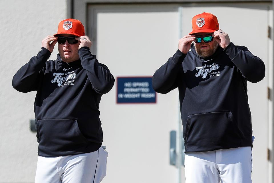 Double-A Erie manager Gabe Alvarez and catching coach Ryan Sienko during spring training at TigerTown in Lakeland, Fla., on Monday, Feb. 19, 2024.